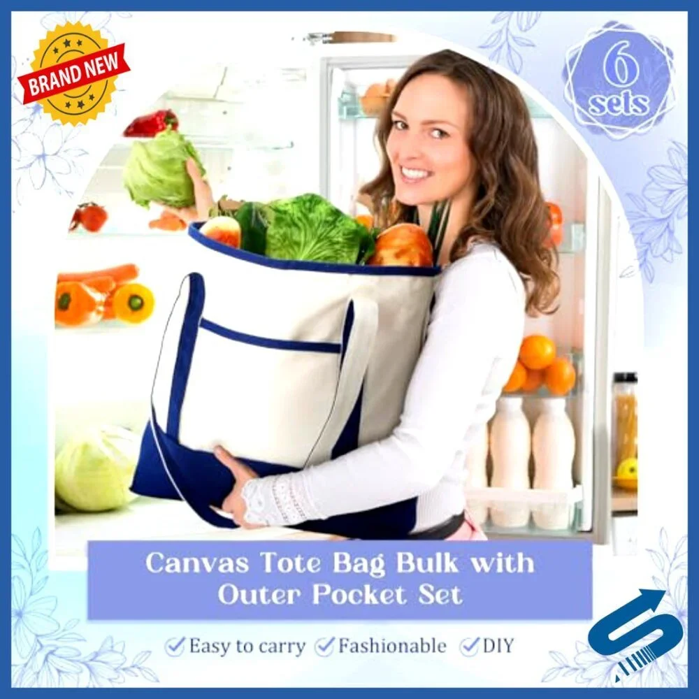 Canvas Tote Bags Set with Outer Pocket and Makeup Pouch Reusable Grocery